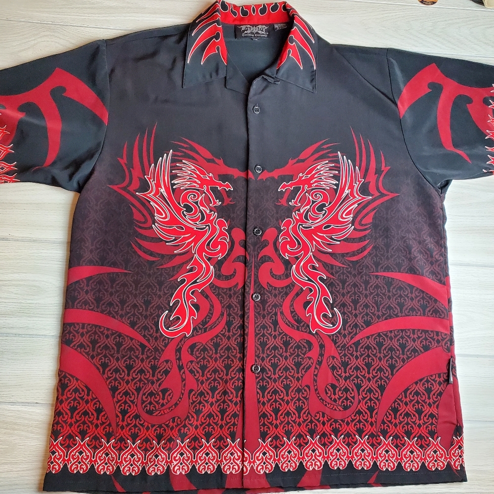 Vintage Dragonfly Casual Button Shirt w. Red Flaming Dragons sz XL